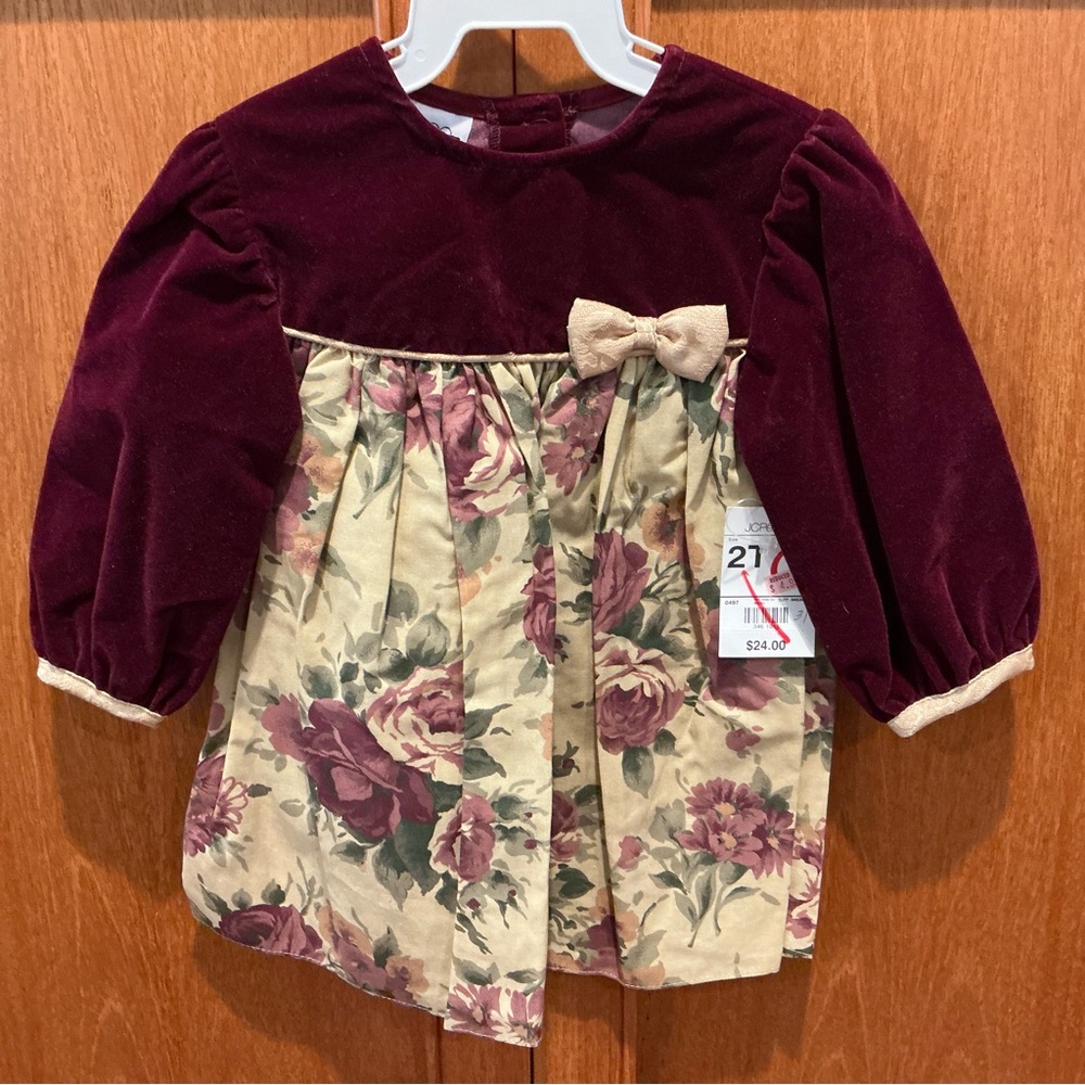 BNWT JoLene Vintage Toddler 2T Dark Red Burgundy Velvet With Florals Dress 90s